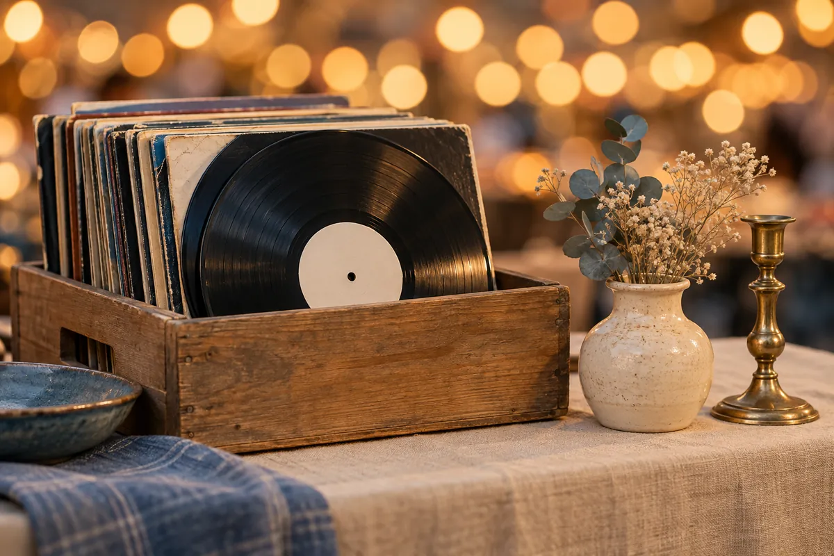 Schallplatten in einer Holzkiste neben einer Keramikvase und einem Messingleuchter