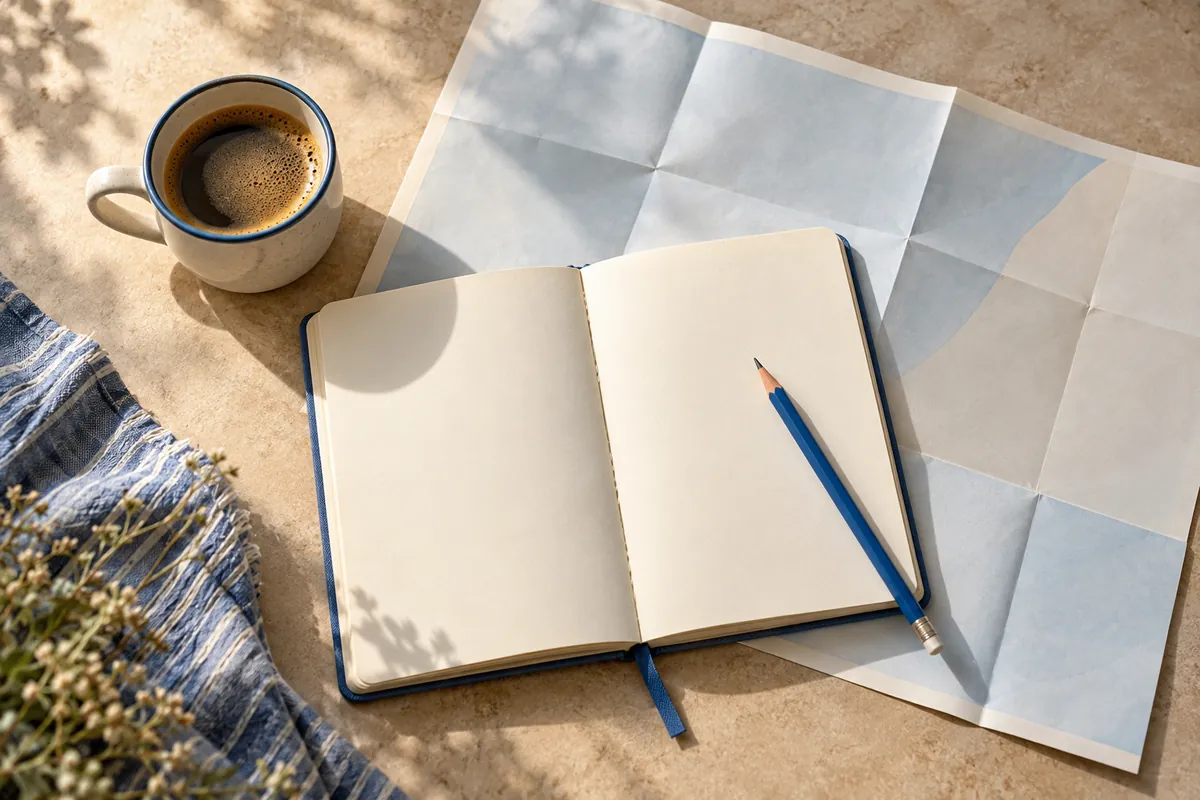 Offenes Notizbuch mit blauem Stift und Kaffeetasse auf einem hellen Tisch