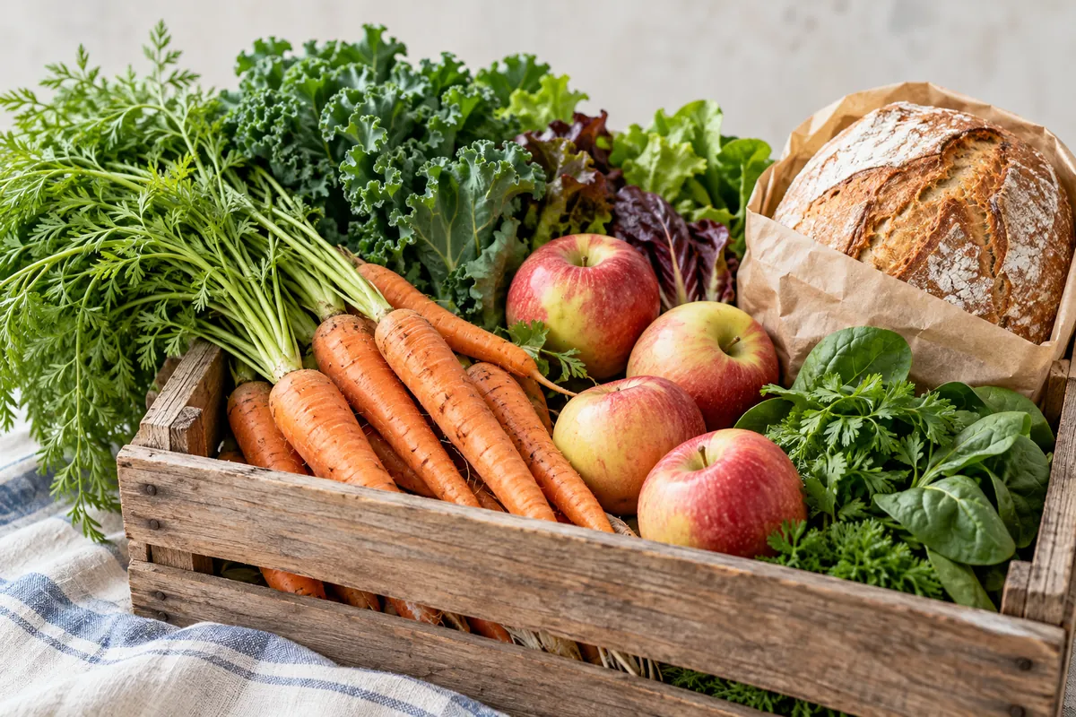 Holzkiste mit Möhren, Äpfeln, Blattgemüse und einem Brot in einer Papiertüte
