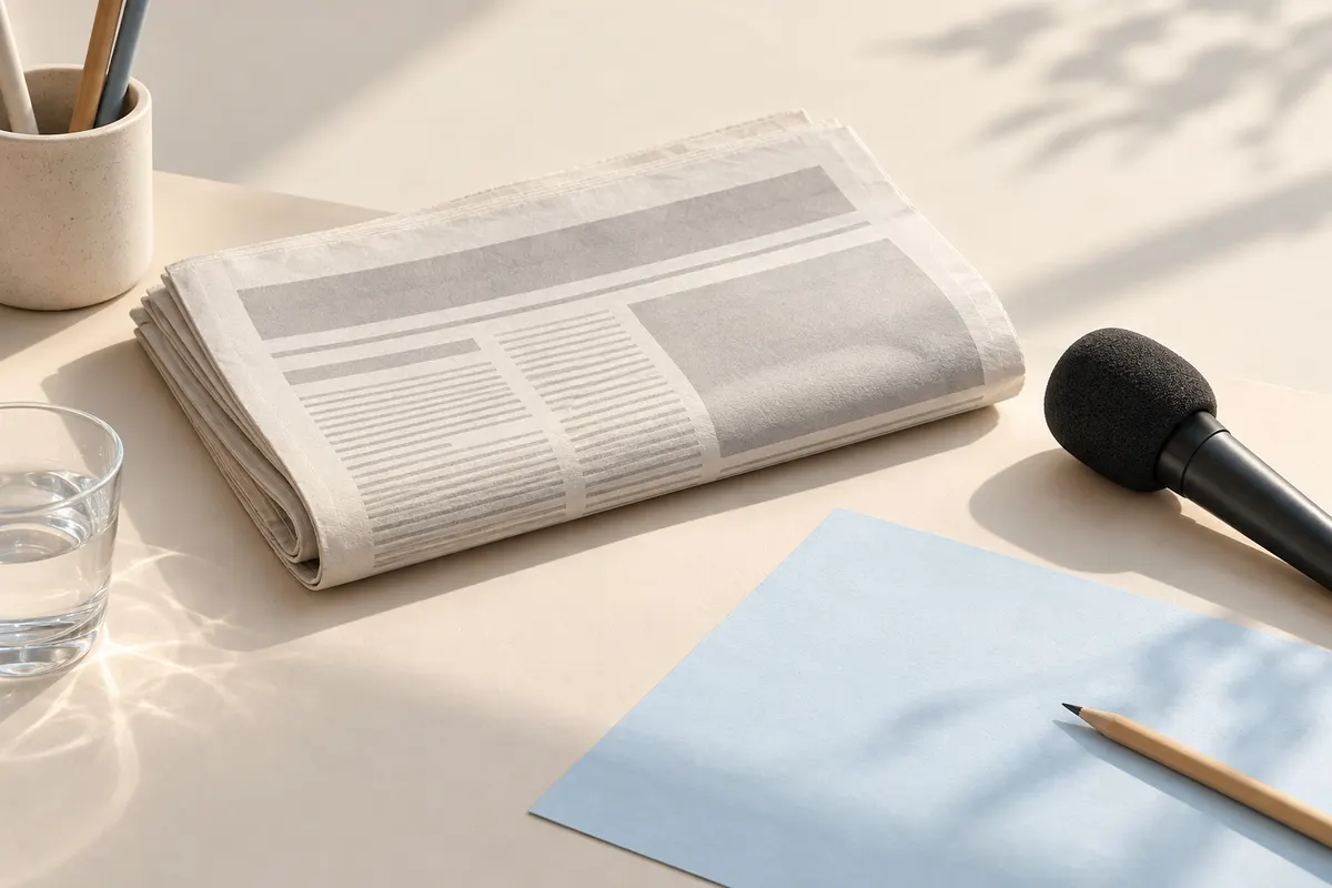 Gefaltete Zeitung, Mikrofon und blaues Papier auf einem hellen Tisch
